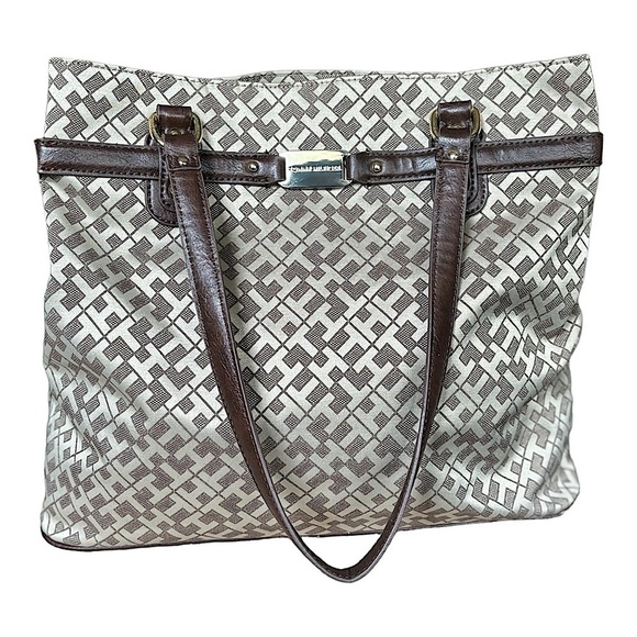 NEW Tommy Hilfiger Large Beige Tote Bag Brown Leather Trim - Picture 11 of 13